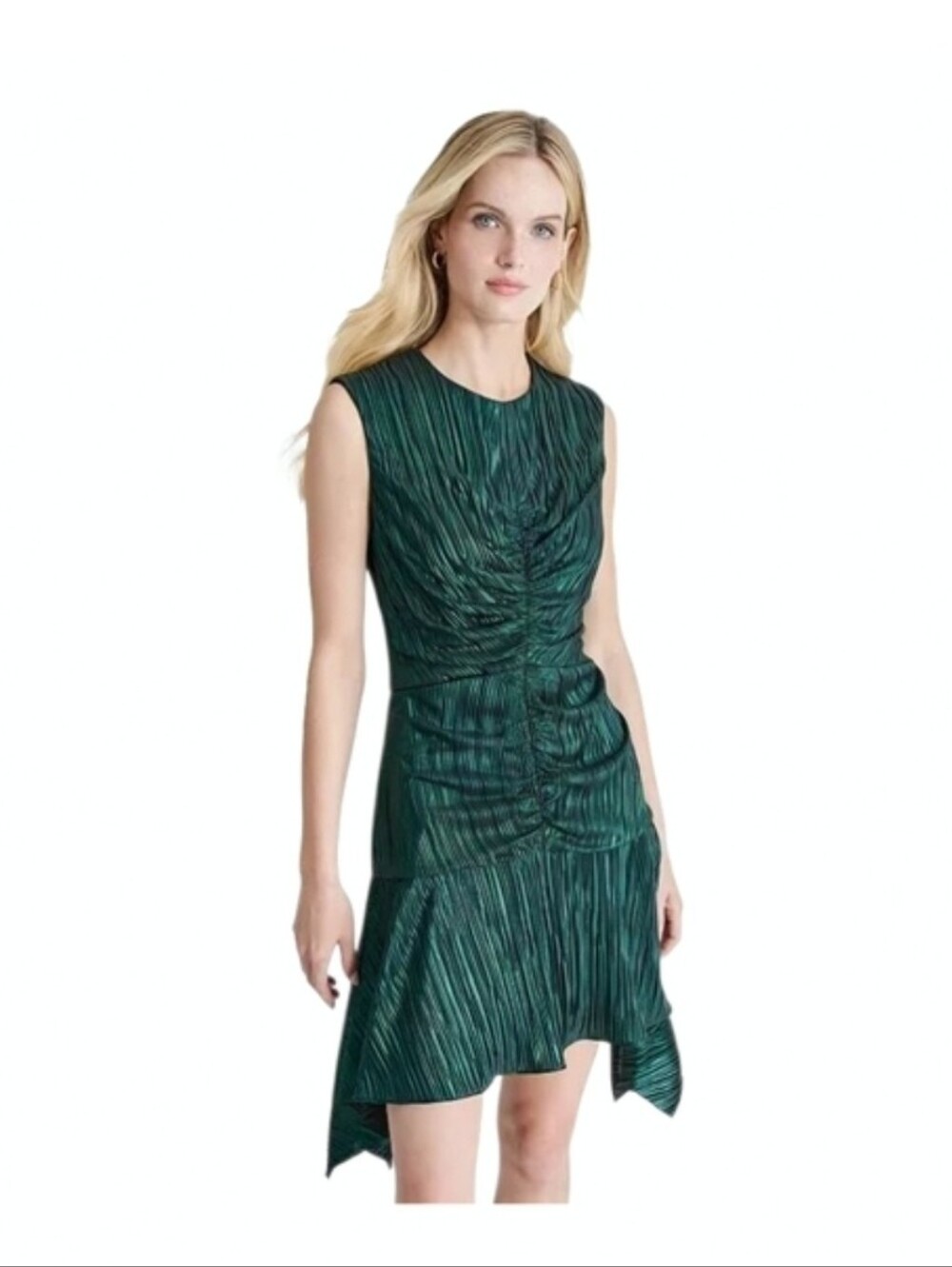 DKNY Metallic Teal Ruched Asymmetrical Hem Dress